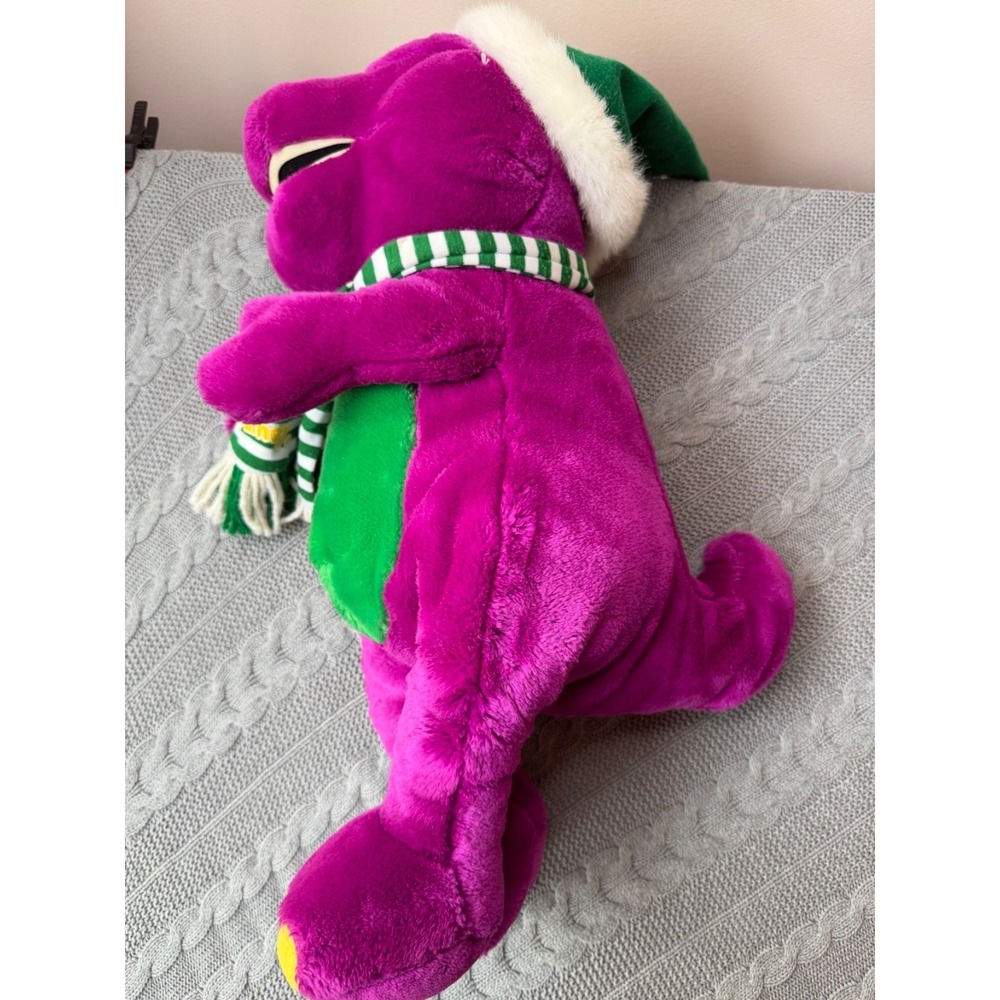 Barney The Dinosaur Vintage 18" Purple  Plush With Green And White Striped Scarf - Picture 2 of 8
